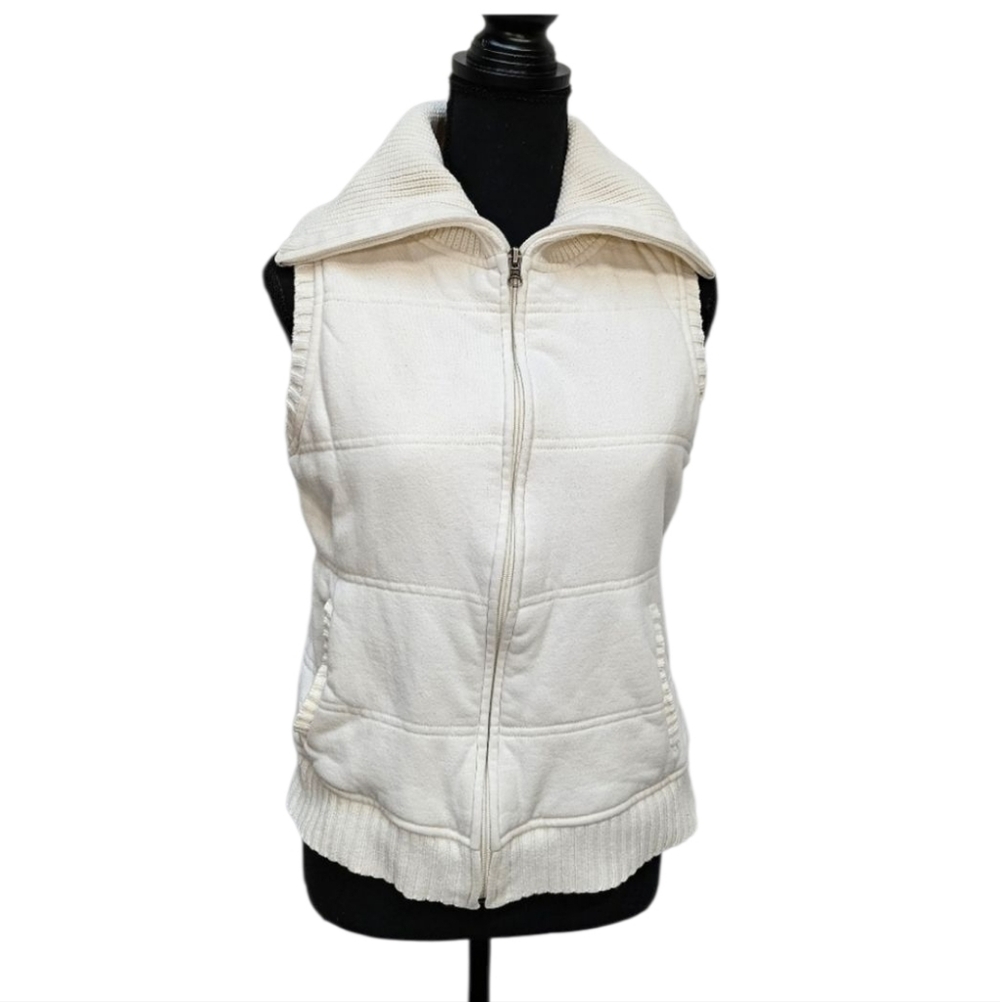 Liz Claiborne 100% Cotton Quilted & Knit Zip Up White Vest. Sz S